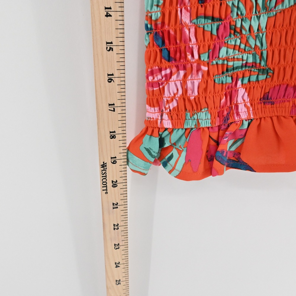 Sugar Lips Floral Smocked Ruffle Top Size S Tropical Vacation Sleeveless Orange - Picture 5 of 13